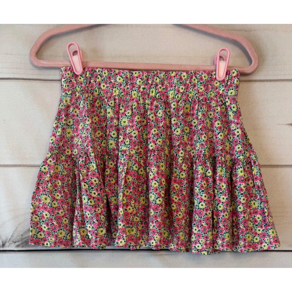 Lilly Pulitzer Pink Yellow Floral Smocked Tiered Mini Skirt Rayon Size Medium